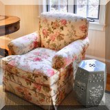 F08. One of a pair of custom floral upholstered armchairs. 35”h x 34”w x 38”d 